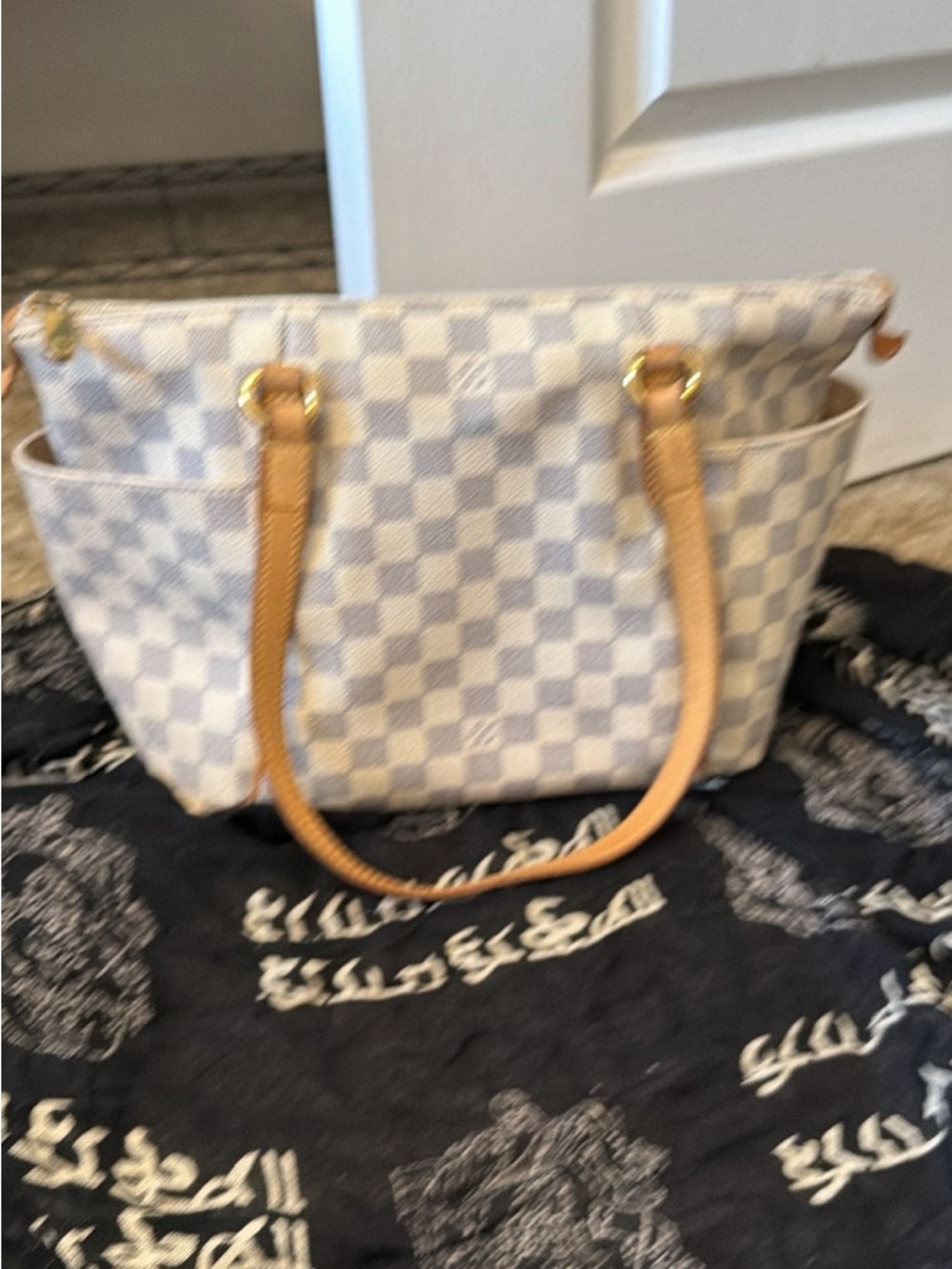 Louis Vuitton Ivory Damier Azur Shoulder Bag with Tan Handles